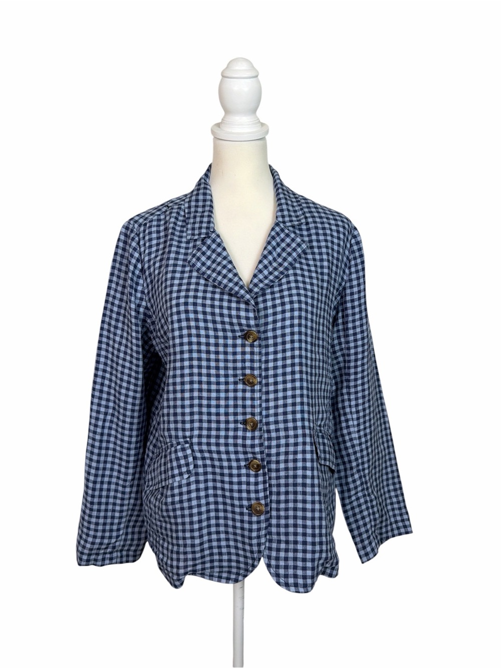 Sundance Women’s Linen Blazer Medium Blue Gingham Check Floral Lined Cottagecore